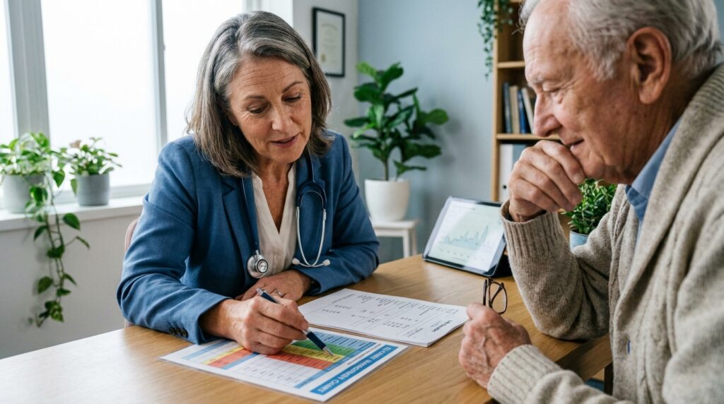 Médico endocrinologista em consultório explicando metas de glicemia e hemoglobina glicada para paciente idoso.