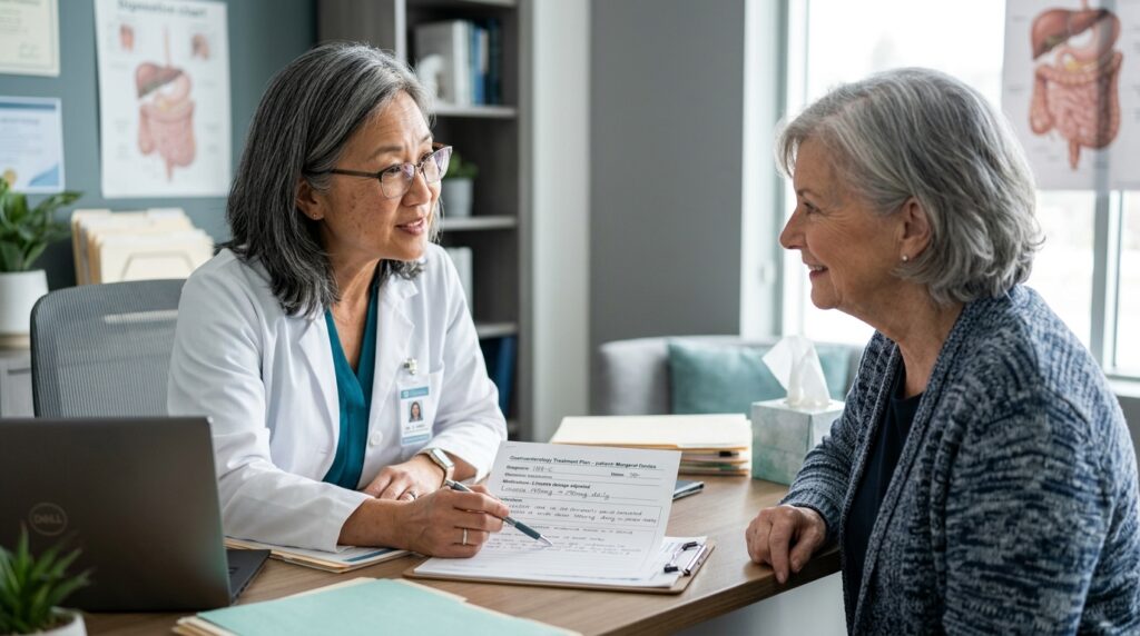 Médica gastroenterologista conversando atenciosamente com paciente idoso durante consulta em consultório clínico.