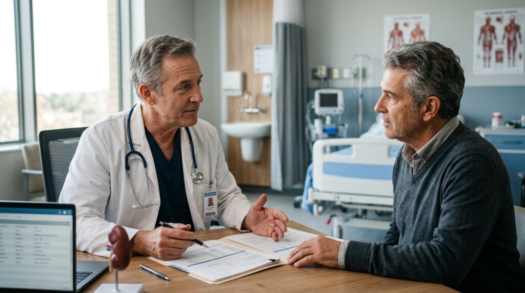 Médico urologista explicando resultados de exames de rotina para paciente adulto em mesa de atendimento.
