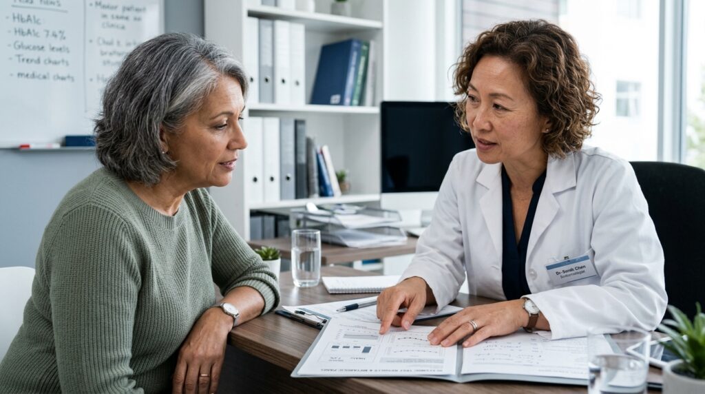Médico endocrinologista analisando laudo de exames de sangue ao lado de paciente em consultório clínico.