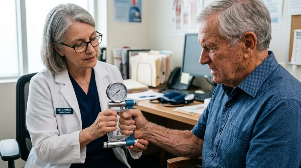 Médico geriatra avaliando a força de preensão manual de um paciente utilizando um dinamômetro hidráulico, em consultório clínico