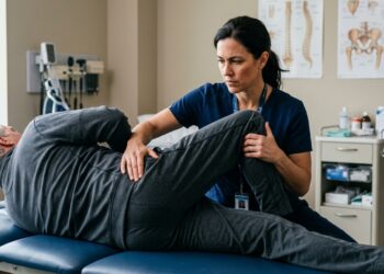 Médico ortopedista realizando exame físico e manobra de palpação na região glútea de paciente em consultório.