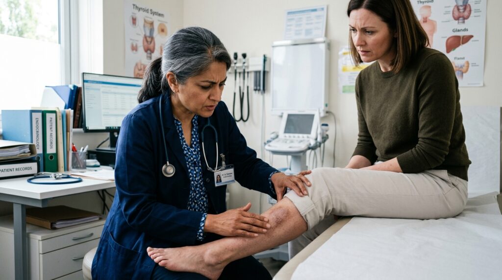 Médico endocrinologista com expressão atenta examinando a pele da perna de um paciente adulto durante uma consulta em um ambiente clínico.