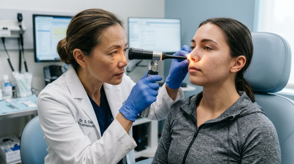 Médico otorrinolaringologista examinando a cavidade nasal de paciente com foco de luz clínico