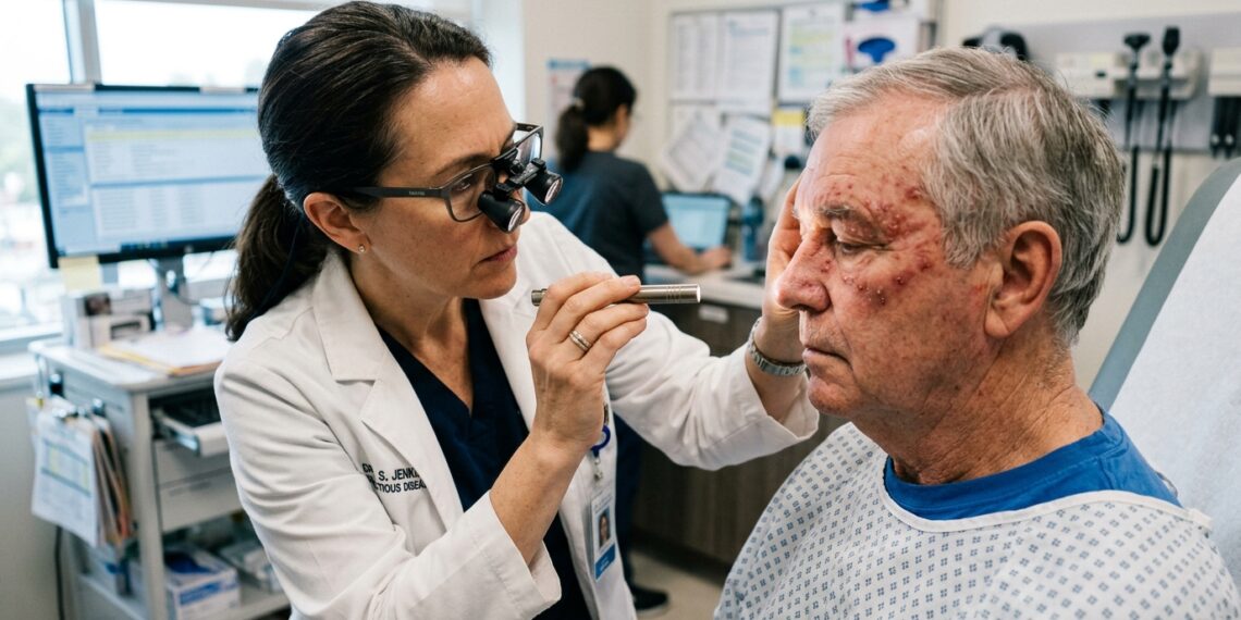 Médica infectologista avaliando a pele do rosto de paciente com foco de luz em sala de atendimento