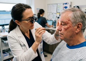 Médica infectologista avaliando a pele do rosto de paciente com foco de luz em sala de atendimento
