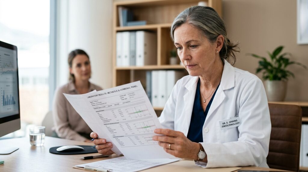 Médico endocrinologista examinando laudo de exame de sangue em consultório médico estruturado