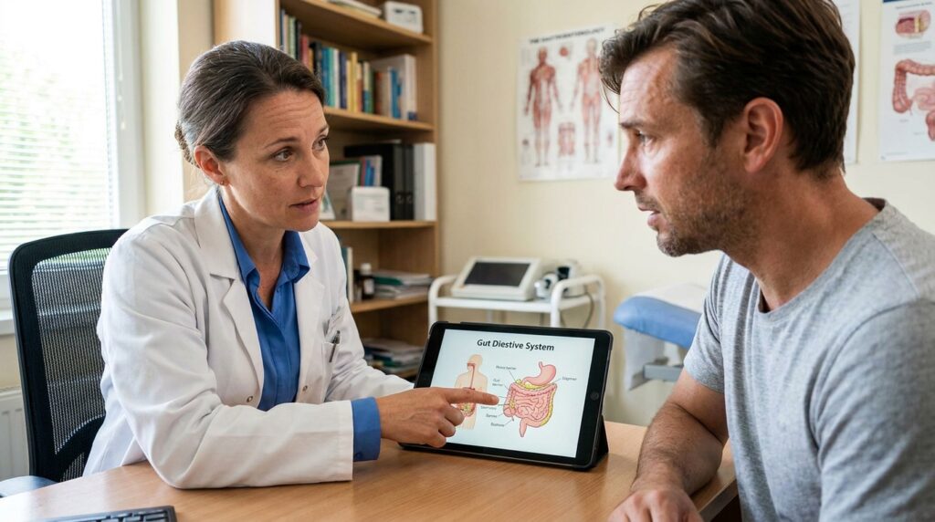 Doctor_reviewing_diagram_with_pa%E2%80%A6_202608200555-1024x572 Sentir a barriga inchada e enrijecida após as refeições pode ser um dos primeiros sinais de disbiose e alteração na barreira de proteção do intestino