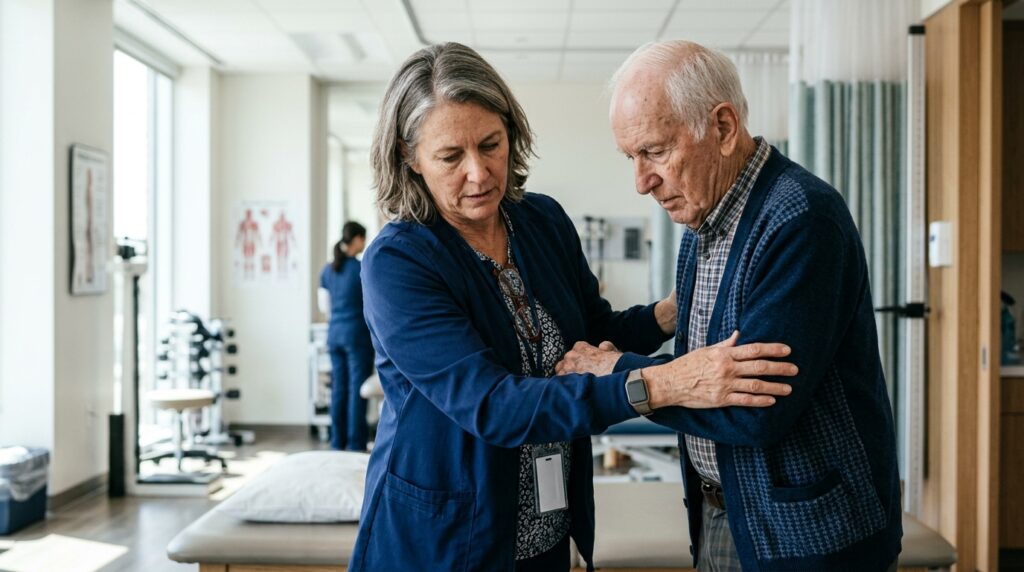 Médico especialista analisando exame de imagem da coluna vertebral ao lado de paciente em consultório.