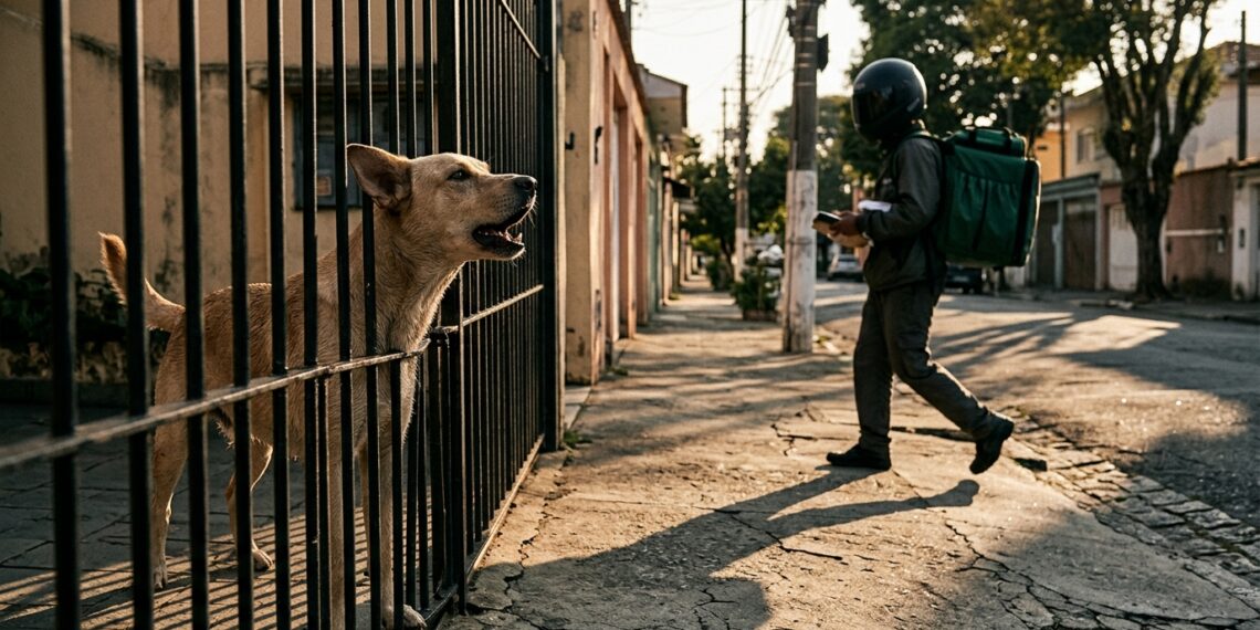 Cachorro em postura de alerta latindo no portão para entregador de capacete e mochila volumosa