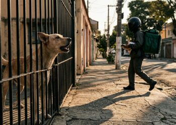 Cachorro em postura de alerta latindo no portão para entregador de capacete e mochila volumosa