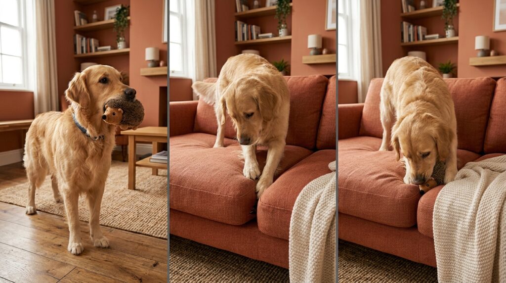 Tríptico exibindo sequência em que o cão escolhe o brinquedo, afasta almofadas com as patas e cobre o item com o focinho