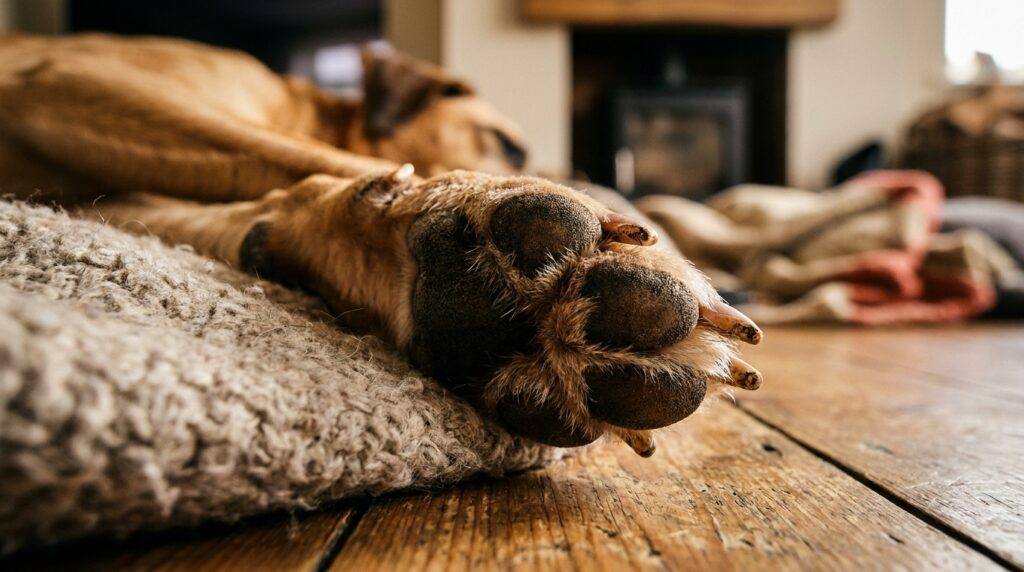 Detalhe das patas de um cachorro pisando em círculo para ajeitar a superfície da cama.