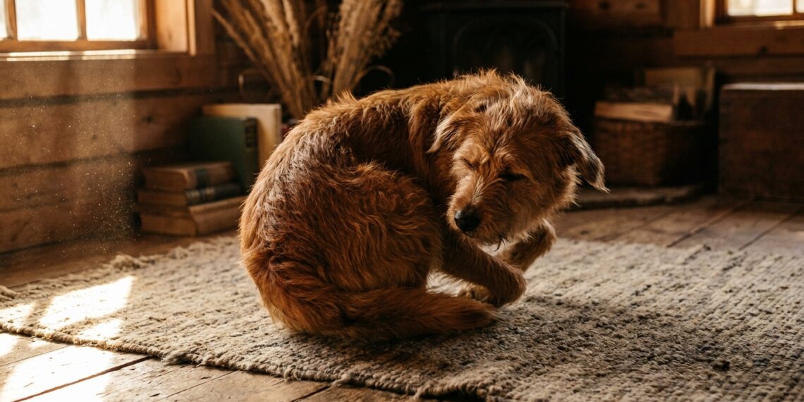 Fotografia editorial de cão girando antes de repousar, ilustrando a herança evolutiva do comportamento animal.
