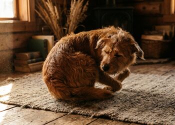 Fotografia editorial de cão girando antes de repousar, ilustrando a herança evolutiva do comportamento animal.
