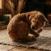 Fotografia editorial de cão girando antes de repousar, ilustrando a herança evolutiva do comportamento animal.