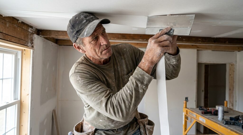 Montador de drywall aplicando fita microperfurada com espátula de aço na emenda do forro de gesso