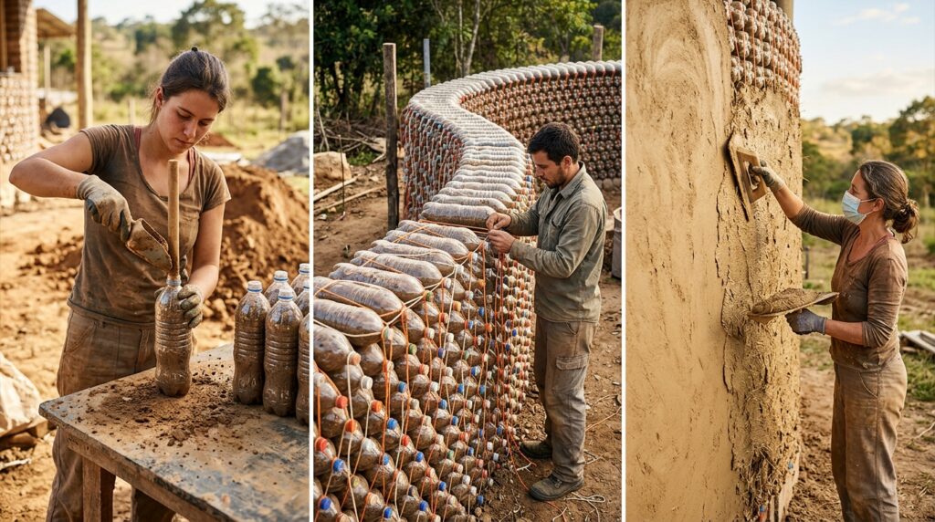 Três painéis mostrando o enchimento da garrafa com terra, o assentamento em fiadas e a aplicação do reboco protetor contra raios ultravioleta.