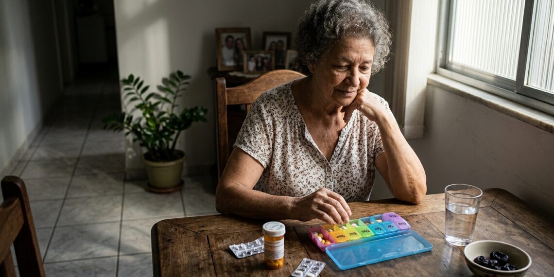 Idoso sentado à mesa de jantar ao lado de organizador semanal de comprimidos e copo de água em ambiente residencial iluminado.