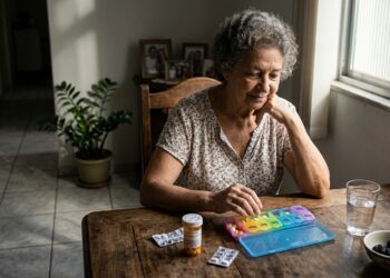 Idoso sentado à mesa de jantar ao lado de organizador semanal de comprimidos e copo de água em ambiente residencial iluminado.