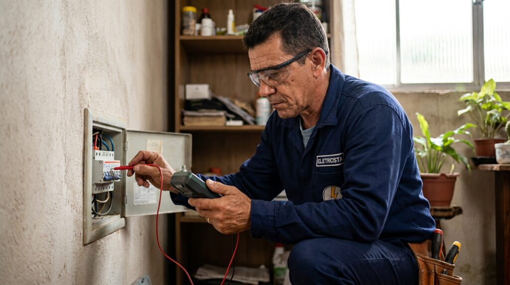 Eletricista com equipamento de medição analisando tomadas e instalações elétricas em residência.