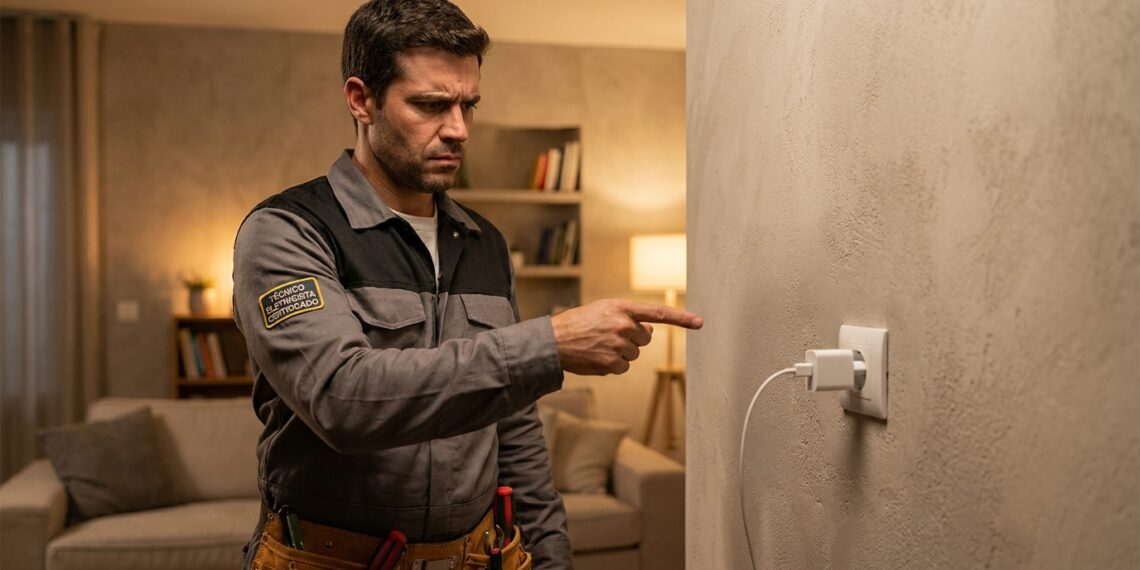 Eletricista profissional apontando para um carregador de celular conectado à tomada em parede residencial.
