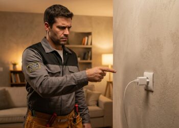 Eletricista profissional apontando para um carregador de celular conectado à tomada em parede residencial.