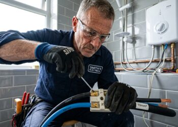 Eletricista com luvas de proteção apertando os parafusos do conector de cerâmica nos fios do chuveiro no banheiro