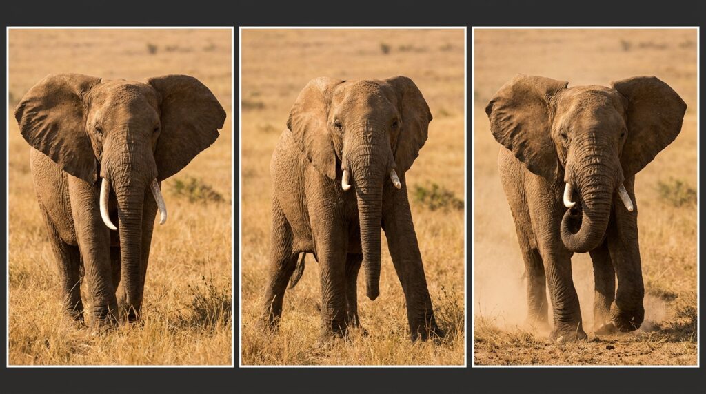 Tríptico fotográfico sequencial mostrando o elefante abanando as orelhas, parando em alerta e avançando com a tromba protegida.