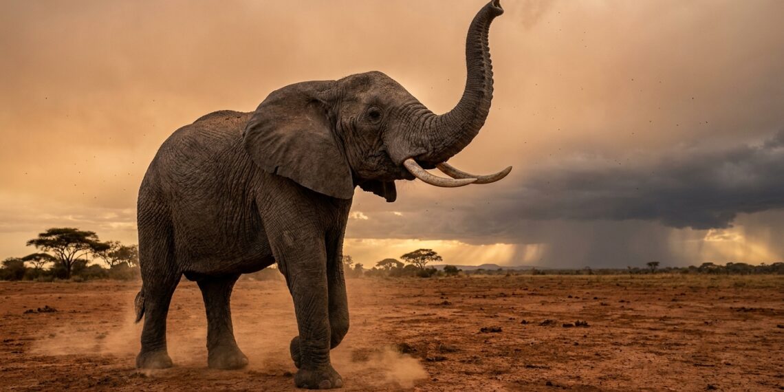 Elefante-africano erguendo a tromba no ar para farejar água e chuva na savana ao entardecer.