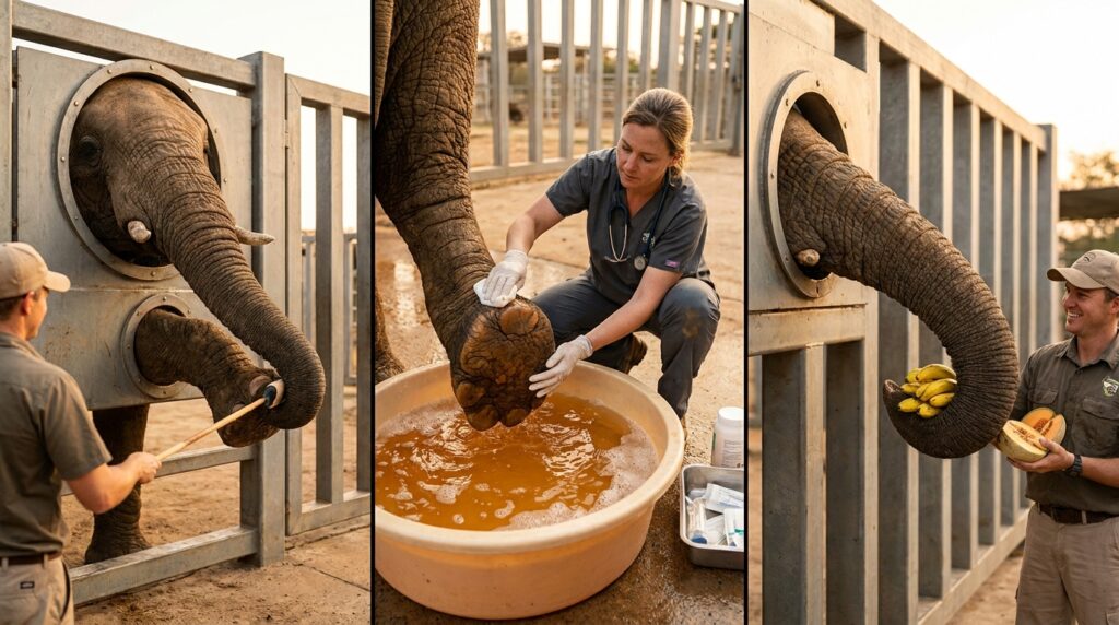 Veterinária realizando higienização na pata de um elefante posicionado atrás de uma grade de contenção de aço.