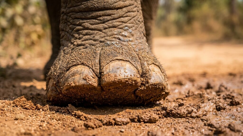 Detalhe em primeiro plano da sola da pata de um elefante pisando sobre terra úmida e macia.