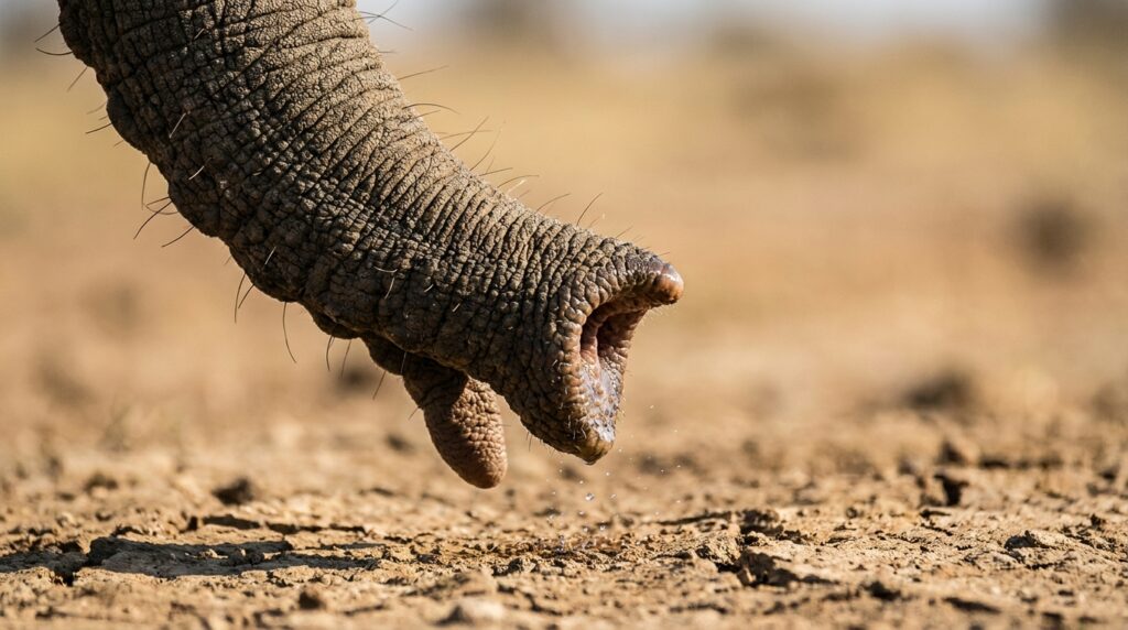 Detalhe macro da ponta da tromba de elefante com cerdas sensoriais e pele enrugada sobre solo seco.
