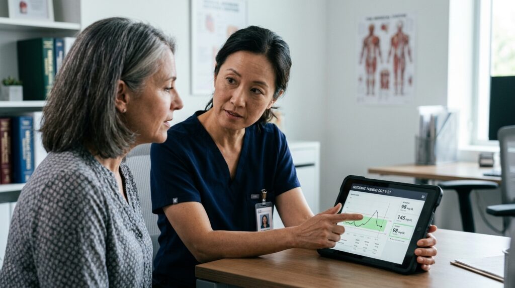 Médico endocrinologista em consultório analisando exames metabólicos em tablet durante consulta com paciente