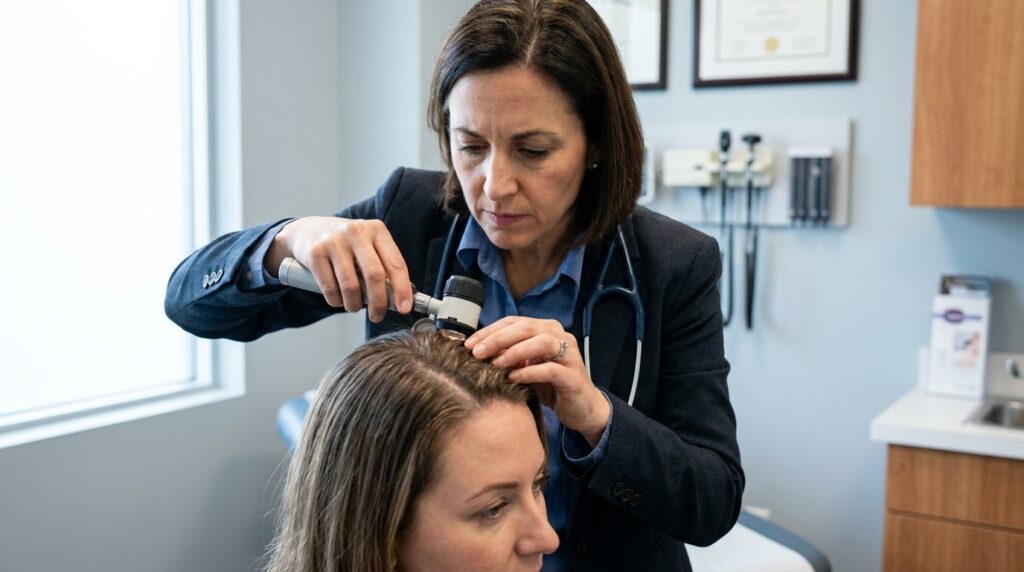 Médica endocrinologista examinando atentamente a textura do cabelo e o couro cabeludo de uma paciente durante consulta clínica.