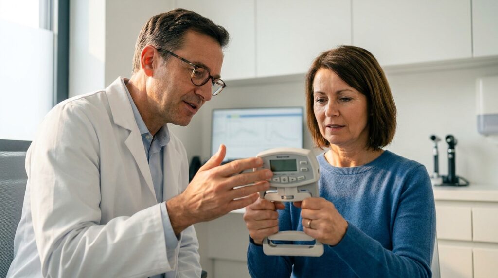 Médica especialista analisando gráficos hormonais e de composição corporal em monitor durante consulta clínica.