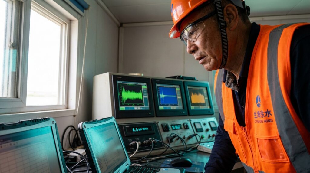 Engenheiro em estação de controle analisando gráficos de telemetria e pressão hidrostática em monitores técnicos.