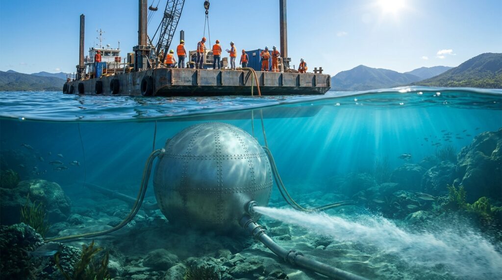 Corte subaquático mostrando plataforma flutuante na superfície e esfera oca metálica no fundo do lago expelindo água pressurizada.