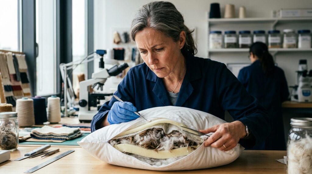 Especialista em laboratório inspecionando detalhadamente a camada interna e o tecido de um travesseiro sob iluminação focada.