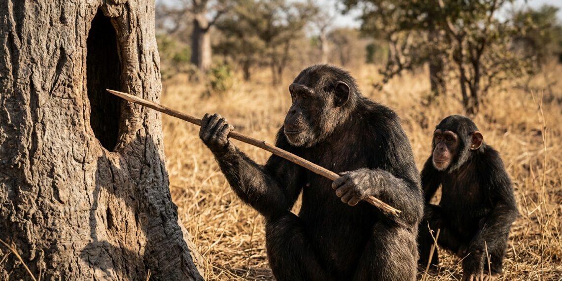 Chimpanzés fabricam lanças de galho e ensinam os filhotes a caçar como uma aula silenciosa