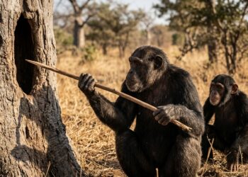 Chimpanzés fabricam lanças de galho e ensinam os filhotes a caçar como uma aula silenciosa