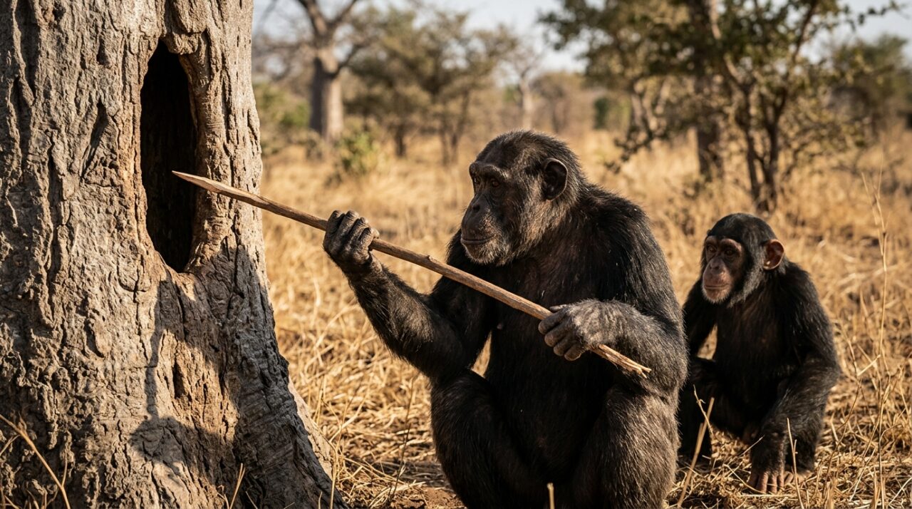 Imagem ilustrativa sobre Chimpanzés ensinam filhotes a usar ferramentas em vídeo surpreendente