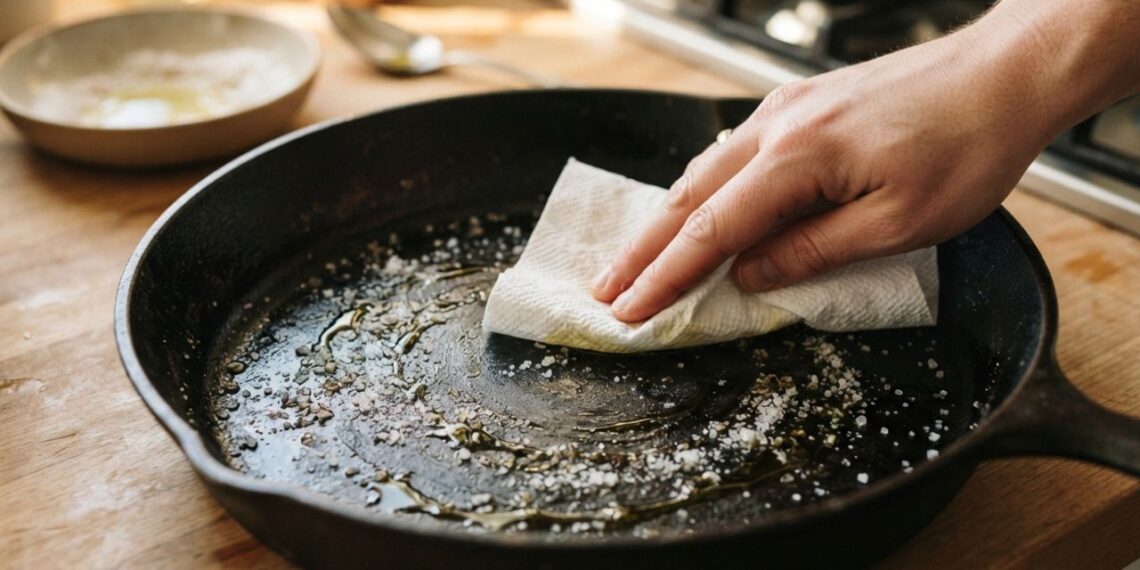Nem limpador clorado, nem esponja de aço grossa: a melhor maneira de remover manchas escuras de frigideiras de ferro fundido usando sal grosso e óleo vegetal, segundo cozinheiros