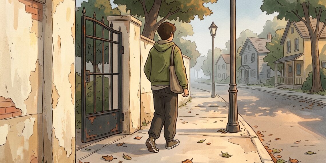 Ilustração de pessoa vista de costas saindo de casa para caminhar em rua arborizada de bairro pela manhã.