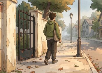 Ilustração de pessoa vista de costas saindo de casa para caminhar em rua arborizada de bairro pela manhã.