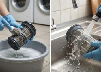 Limpar o filtro da máquina de lavar com escova macia ou água sob pressão: veja a diferença e qual é o jeito certo para evitar fiapos nas roupas, segundo técnicos