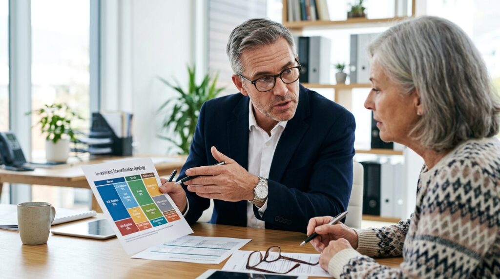 Consultor financeiro apontando para gráfico de diversificação de investimentos durante conversa com cliente