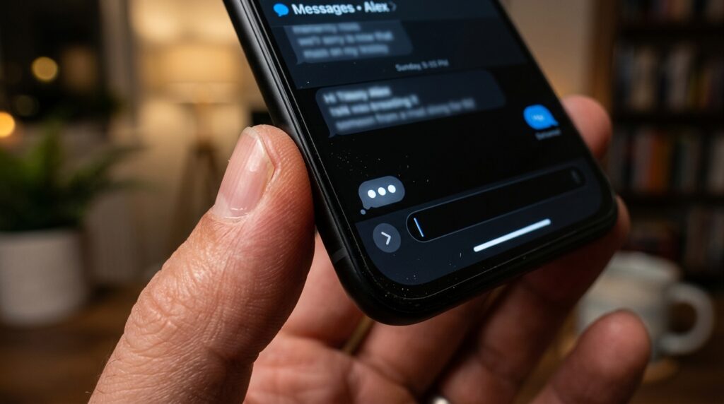 Detalhe dos dedos digitando uma mensagem de texto na tela de um smartphone