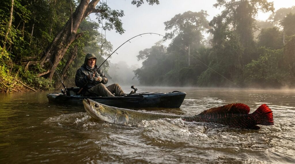 Pescador em caiaque esportivo ao lado de um pirarucu gigante de 2,45 metros na superfície do Rio Teles Pires
