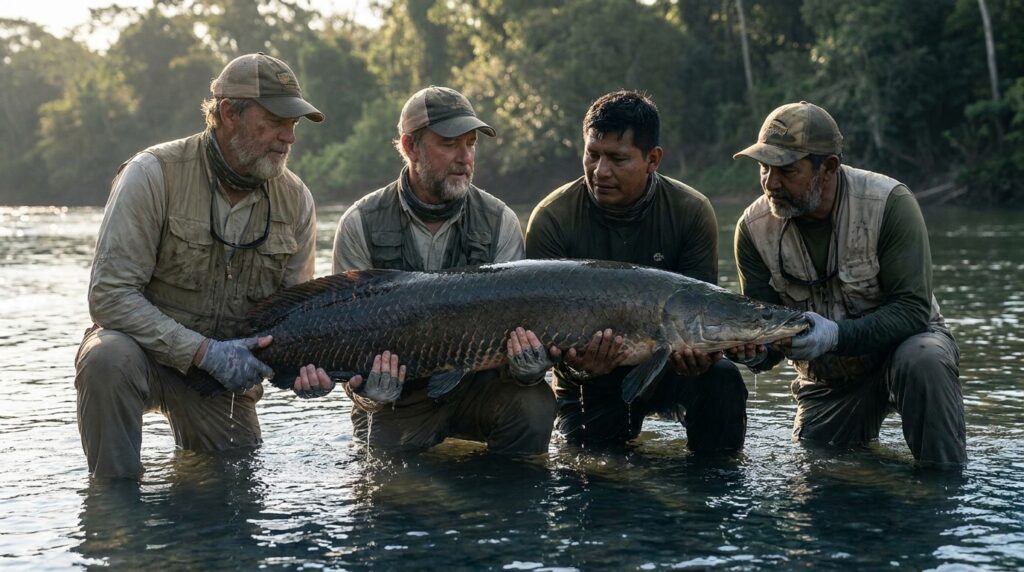 Pescadores dentro da água rasa segurando com cuidado um pirarucu gigante pelas laterais antes da soltura